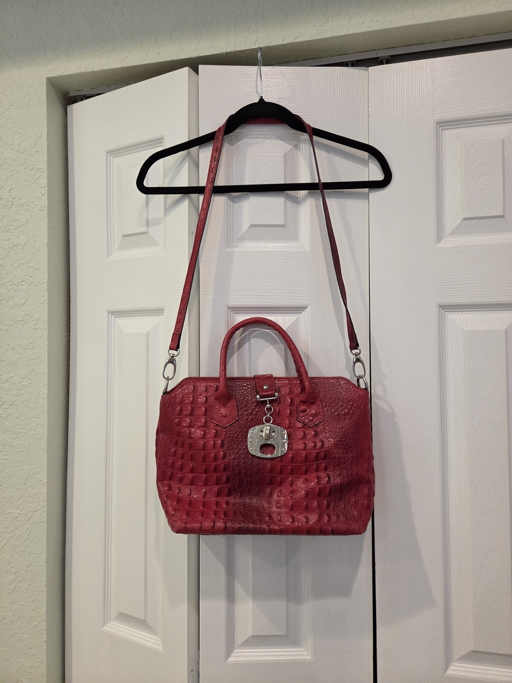 Red Crocodile Leather Semilla Principato Seborga Satchel Handbag Made In Italy